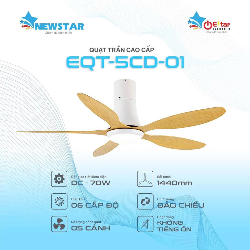 Quạt trần EQT-5CD-01-CD ESTAR 5 cánh có đèn-cánh vàng