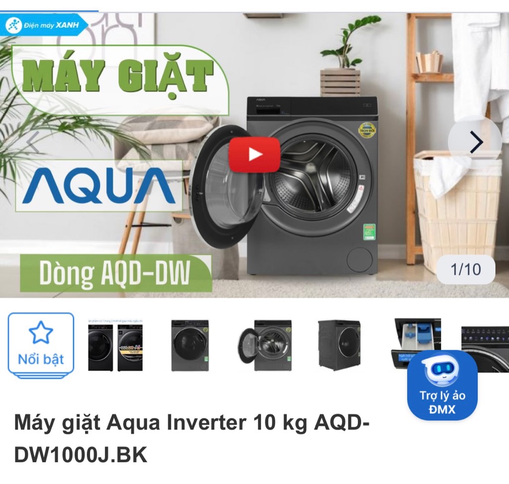Máy giặt AQUA -DW1000J.BK (10kg cửa trước inverter)