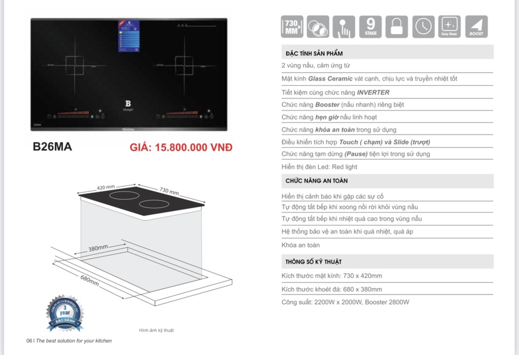 Bếp từ đôi Blueger B636Pro , Madein malaysia,  2200Wx2200W