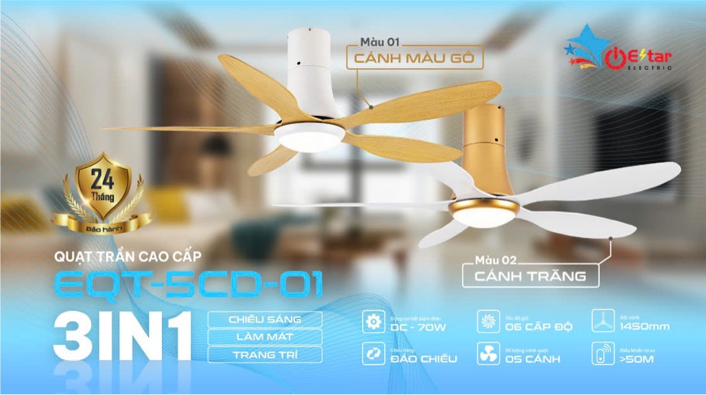 Quạt trần EQT-5CD-01-CT ESTAR 5 cánh có đèn-cánh trắng