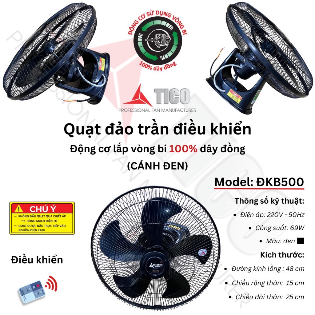 Quạt trần đảo TICO B500 có điều khiển (ĐC chạy bằng bi)