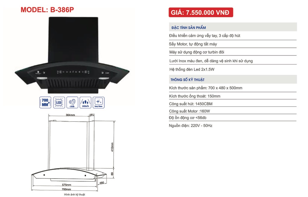 Quạt hút mùi Blueger B-386P , Kính cong, cảm ứng vẫy tay,motor 260W