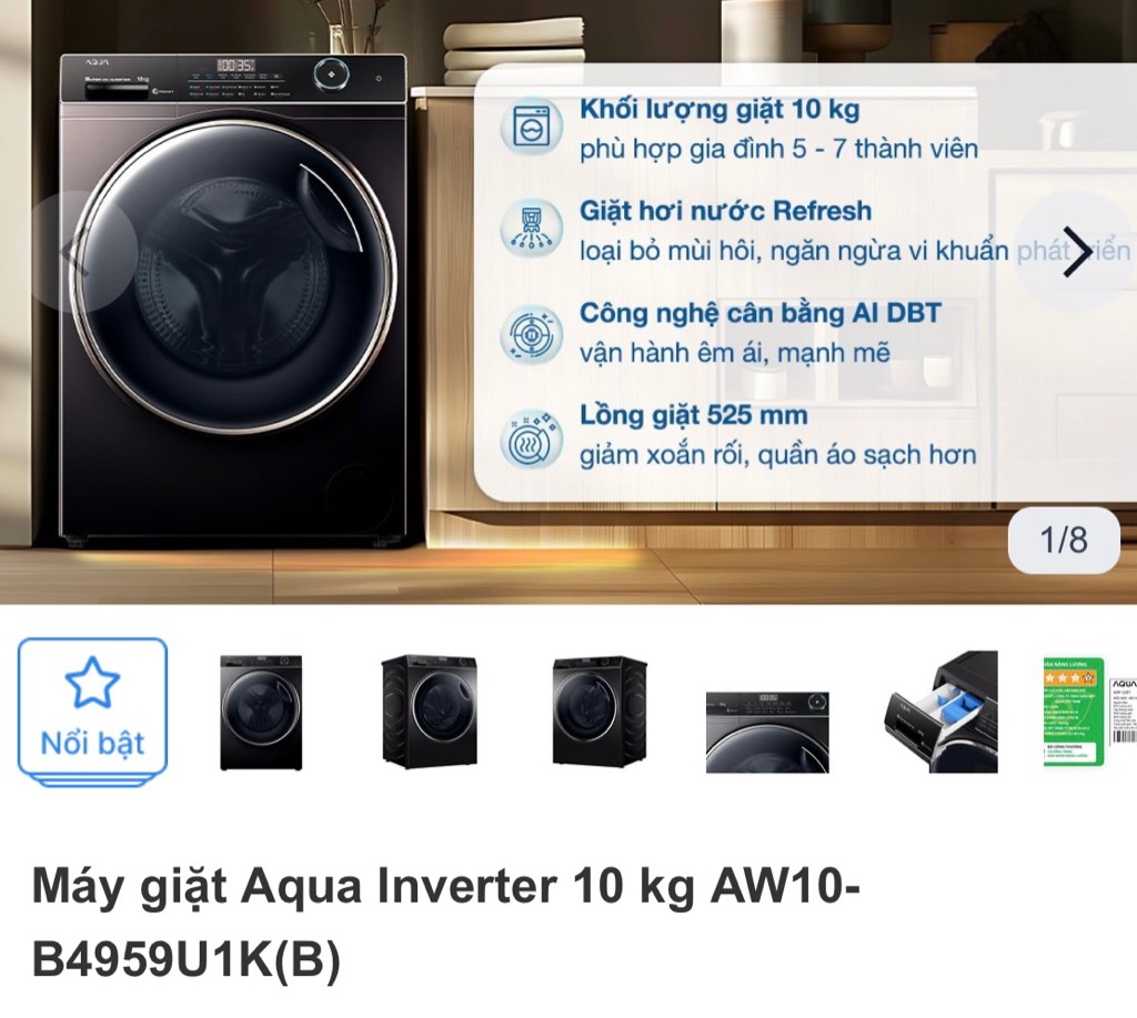 Máy giặt AQUA AW10BP4959U1K (B) (cửa trước 10kg)