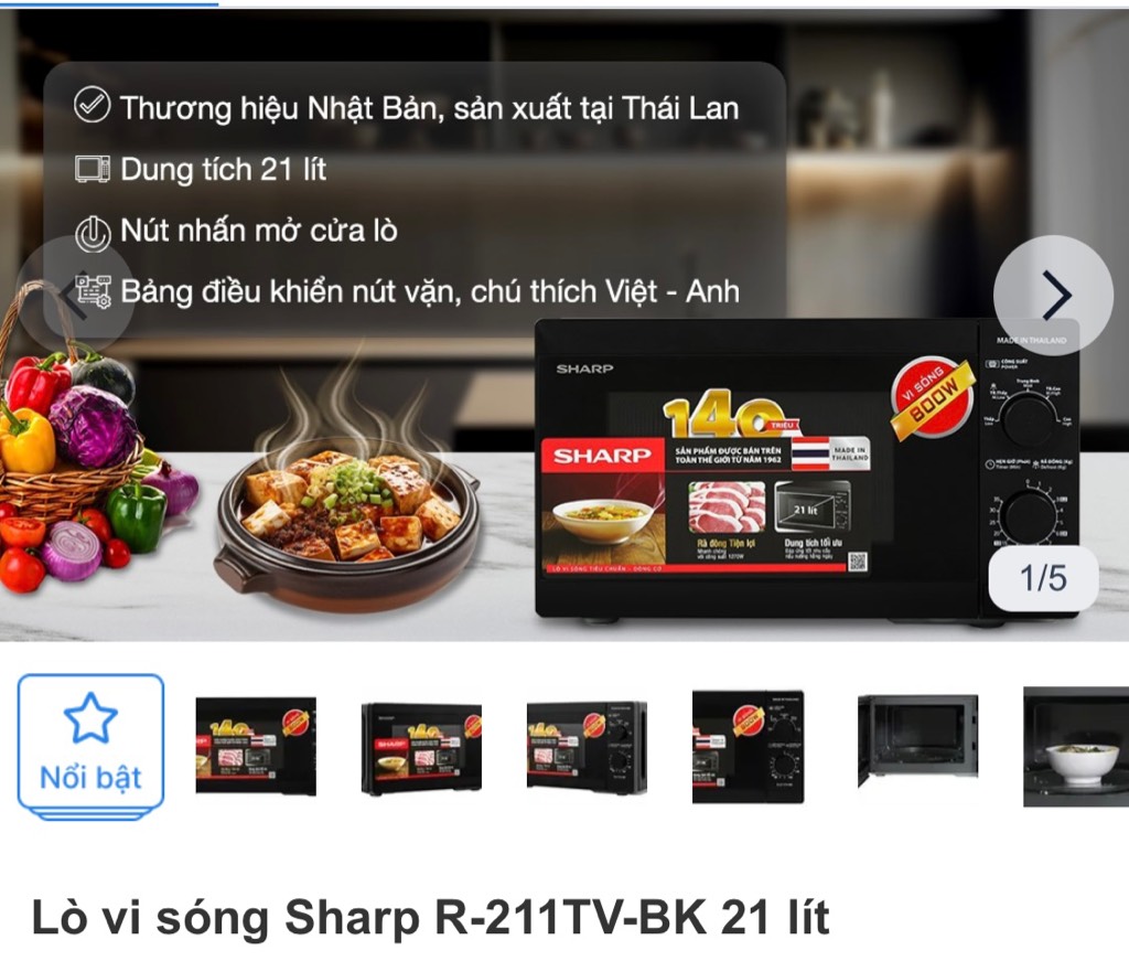 Lò Vi Sóng Sharp-R211TV-BK (21L) ko nướng (thái lan)