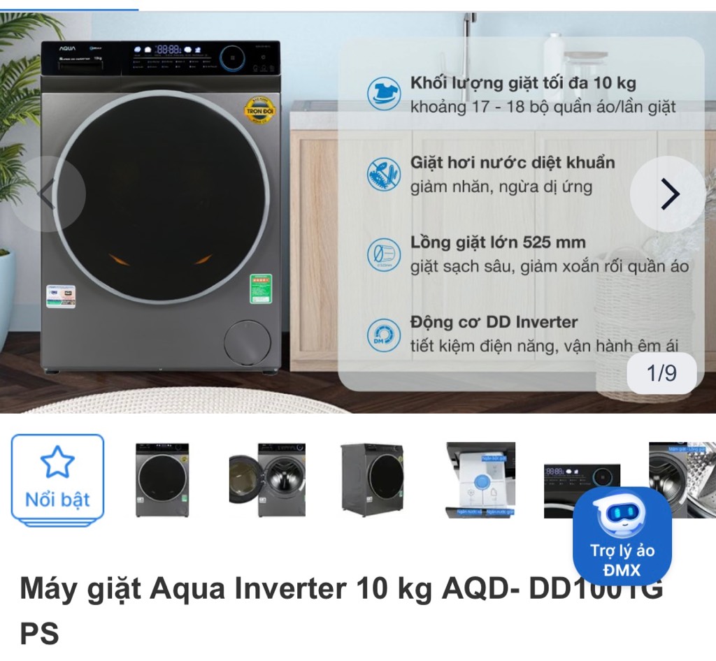 Máy giặt AQUA DD1001G-PS (10kg cửa trước màu ghi)