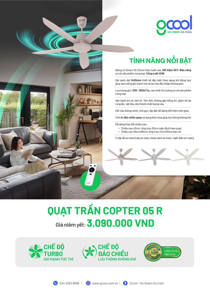 Quạt Trần Gcool hiệu suất cao DC Copter 05R ,5 cánh
