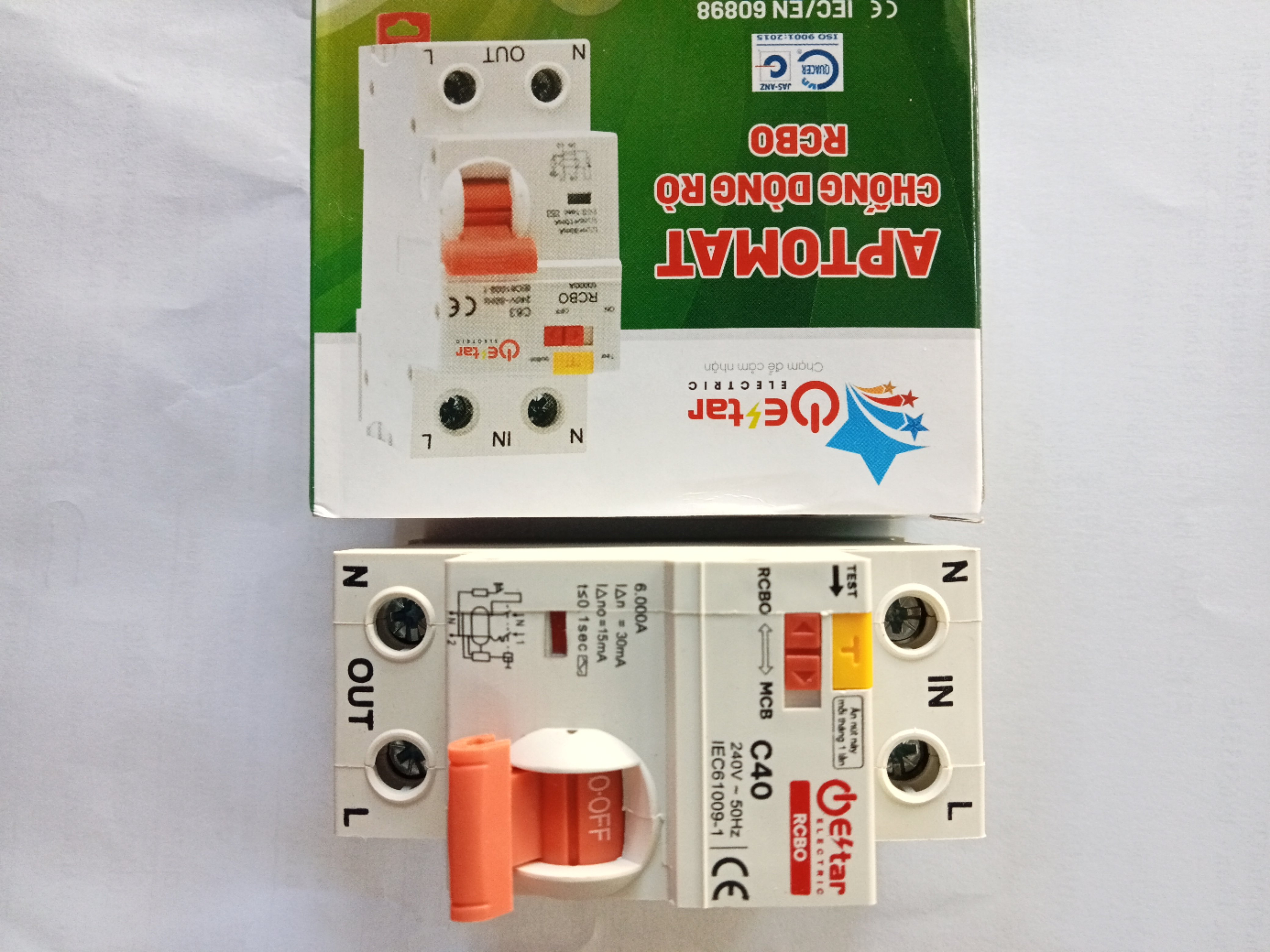 Attomat E-STAR cài 2pha 40A RCBO chống rò.chống giật