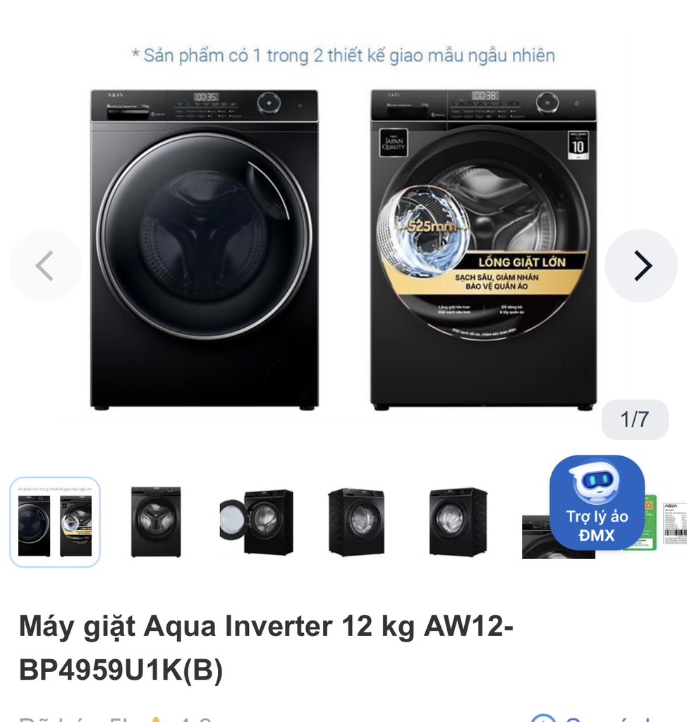 Máy giặt AQUA AW12BP4959U1K (B) (cửa trước 10kg)