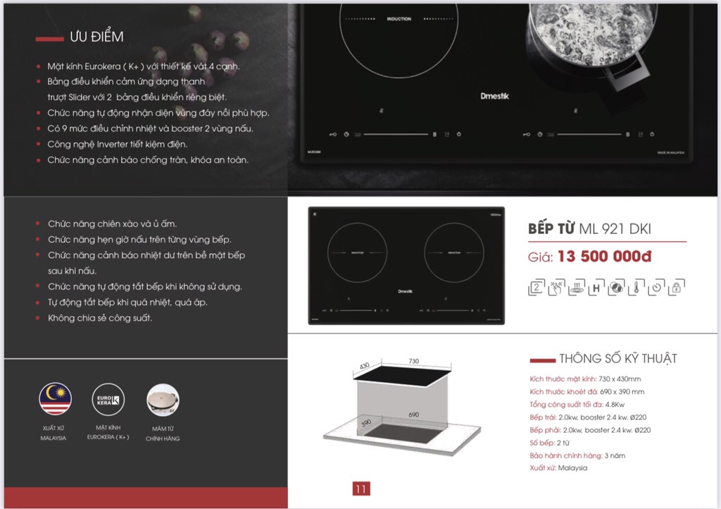 Bếp từ đôi  DMESTIK ML921DKI , kính Eurokera , 2000Wx2000W , booster 2400W, made in malysia