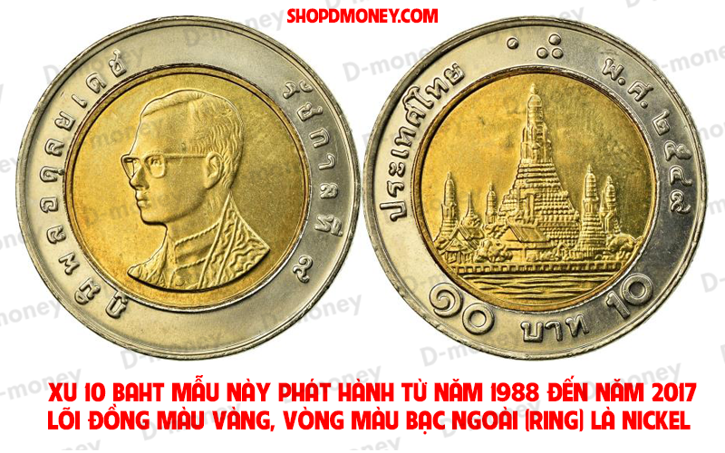 hai mặt đồng xu 10 baht thái lan 1990