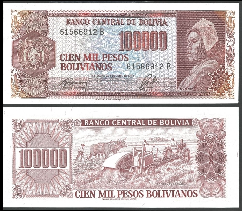 100000 pesos Bolivia 1984