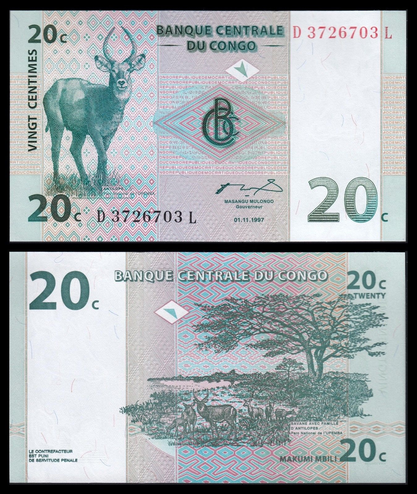 20 centimes Congo Democratic Republic 1997
