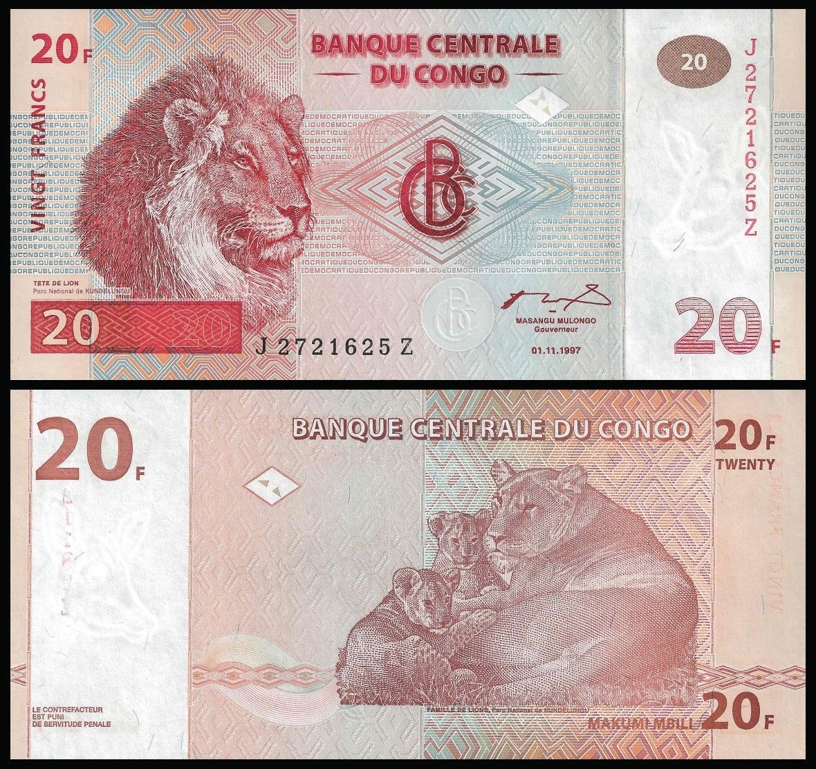 20 francs Congo Democratic Republic 1997