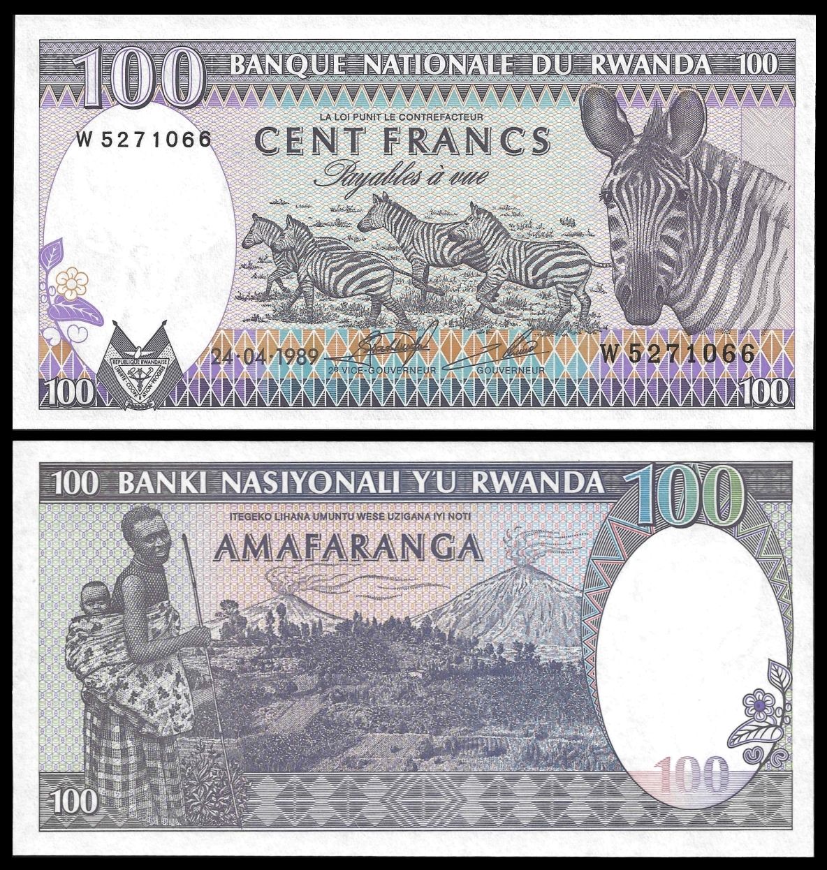 100 francs Rwanda 1989