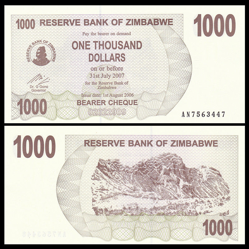 1000 dollars Zimbabwe 2006