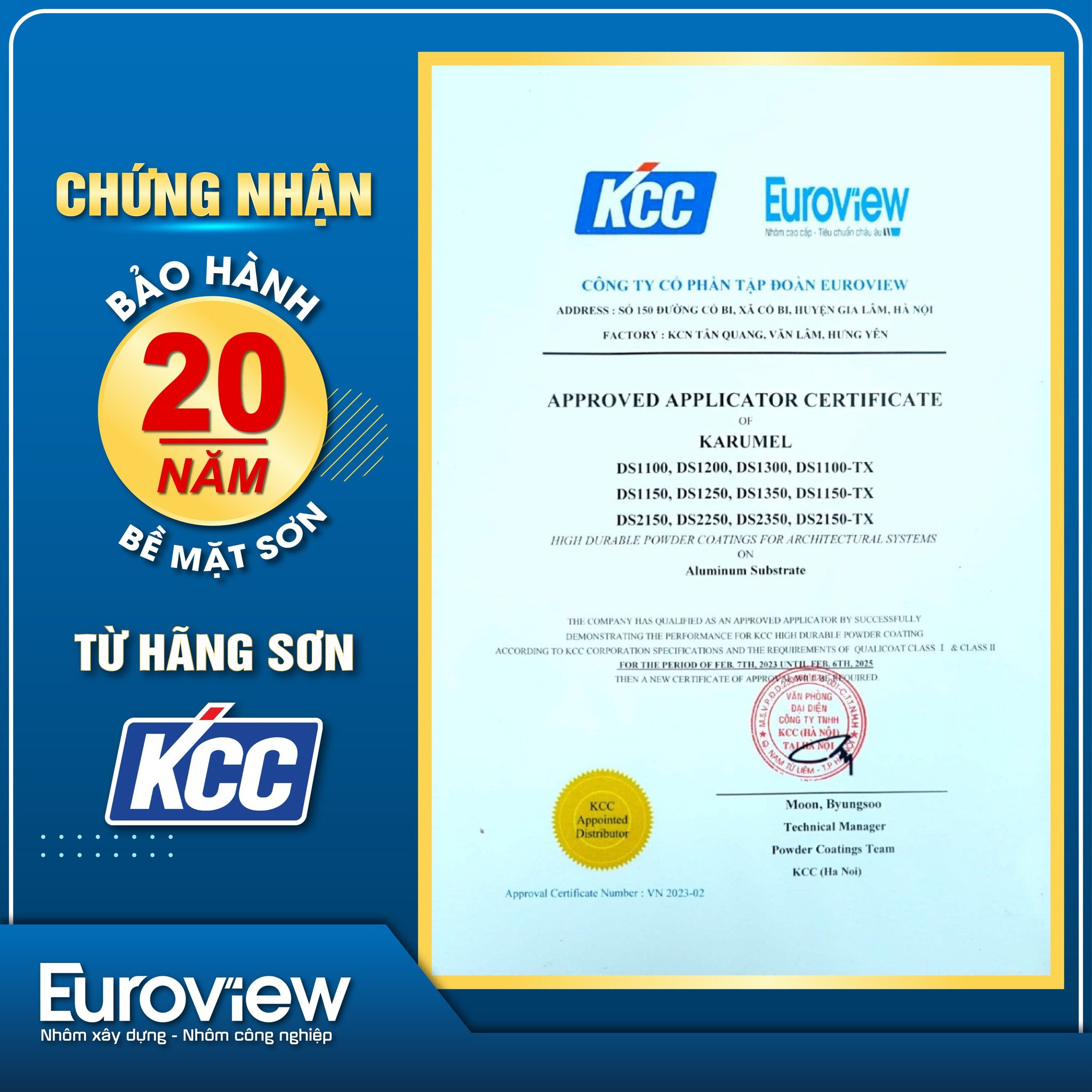 17/03/2023: Nhôm Euroview nhận chứng nhận bảo hành 20 năm bề mặt sơn từ KCC Group