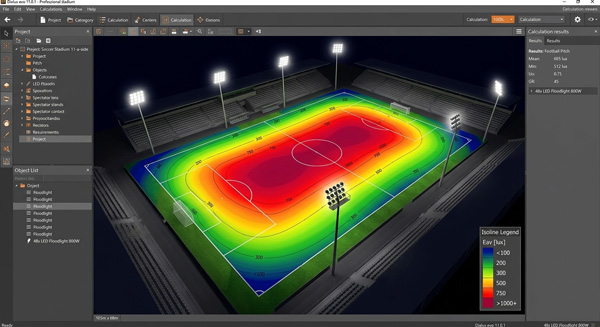 Bản vẽ mô phỏng ánh sáng Dialux sân thể thao chuyên nghiệp