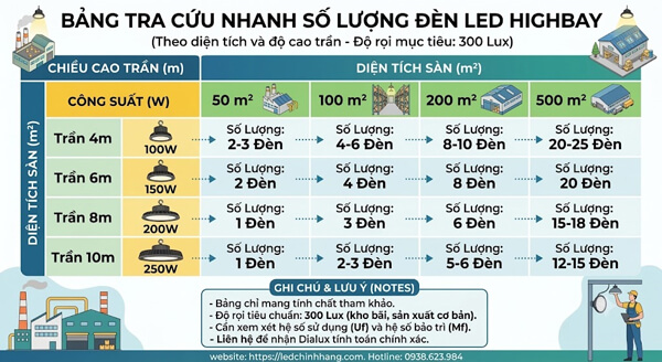 Bảng tra cứu nhanh số lượng đèn LED Highbay theo diện tích và độ cao trần