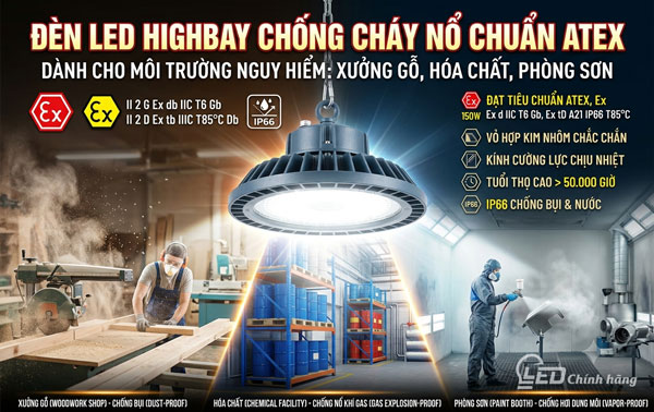 Đèn LED Highbay chống cháy nổ chuẩn ATEX dùng cho xưởng gỗ hóa chất phòng sơn