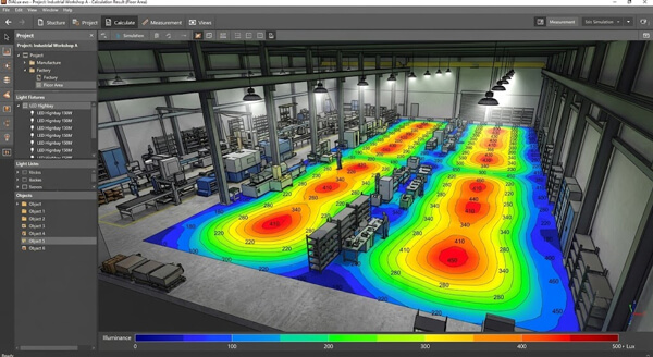 Mẫu mô phỏng phân bố độ rọi 3D trên phần mềm DIALux evo cho nhà xưởng