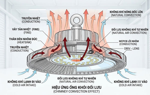 Sơ đồ đường truyền nhiệt và luồng tản nhiệt đối lưu không khí của Đèn Highbay UFO