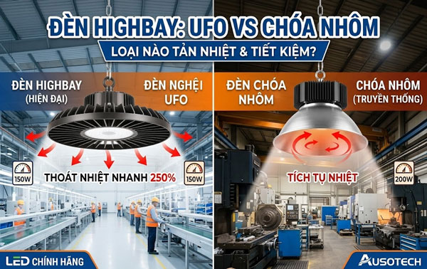 So sánh kiểu dáng cấu tạo giữa Đèn Highbay UFO đúc nhôm nguyên khối và Đèn Highbay Chóa Nhôm truyền thống