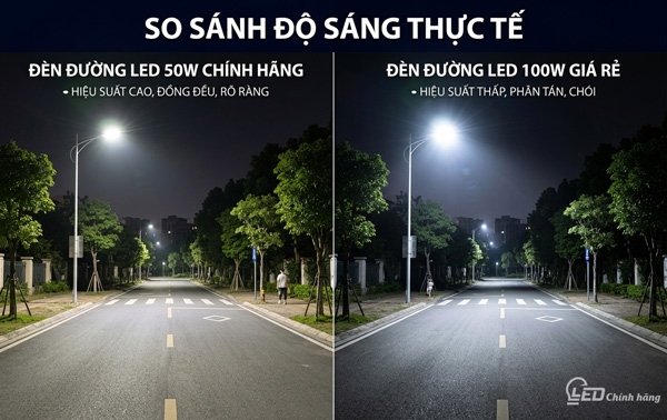 So sánh độ sáng thực tế giữa đèn đường LED 50W chính hãng và đèn đường LED 100W giá rẻ