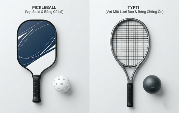 So sánh kích thước vợt lưới môn Typti và vợt Pickleball