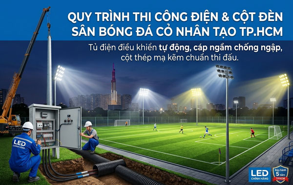 Quy trình thi công hệ thống điện cáp ngầm chống ngập và đúc móng dựng cột đèn sân bóng đá cỏ nhân tạo tại TPHCM
