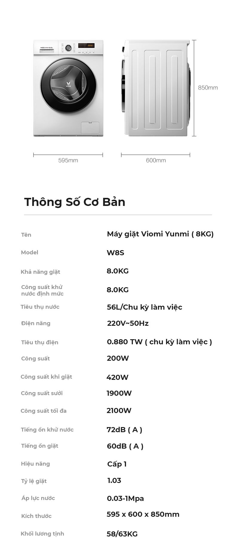 Máy Giặt Viomi Yunmi W8S 8KG Trống Chuyển Đổi Tần Số