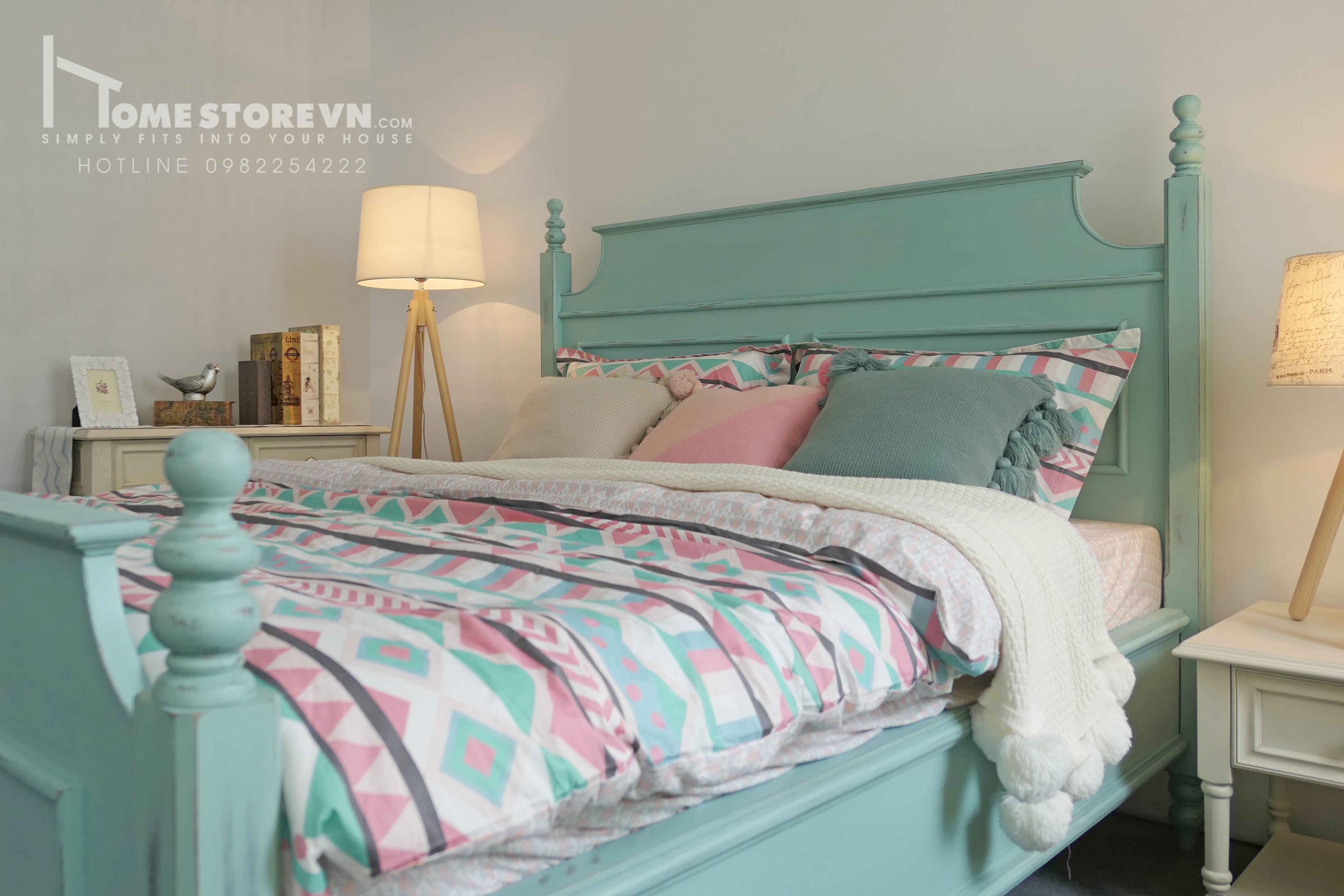 Giường Farmhouse dáng lưng ngang đệm 1m6 - GI4