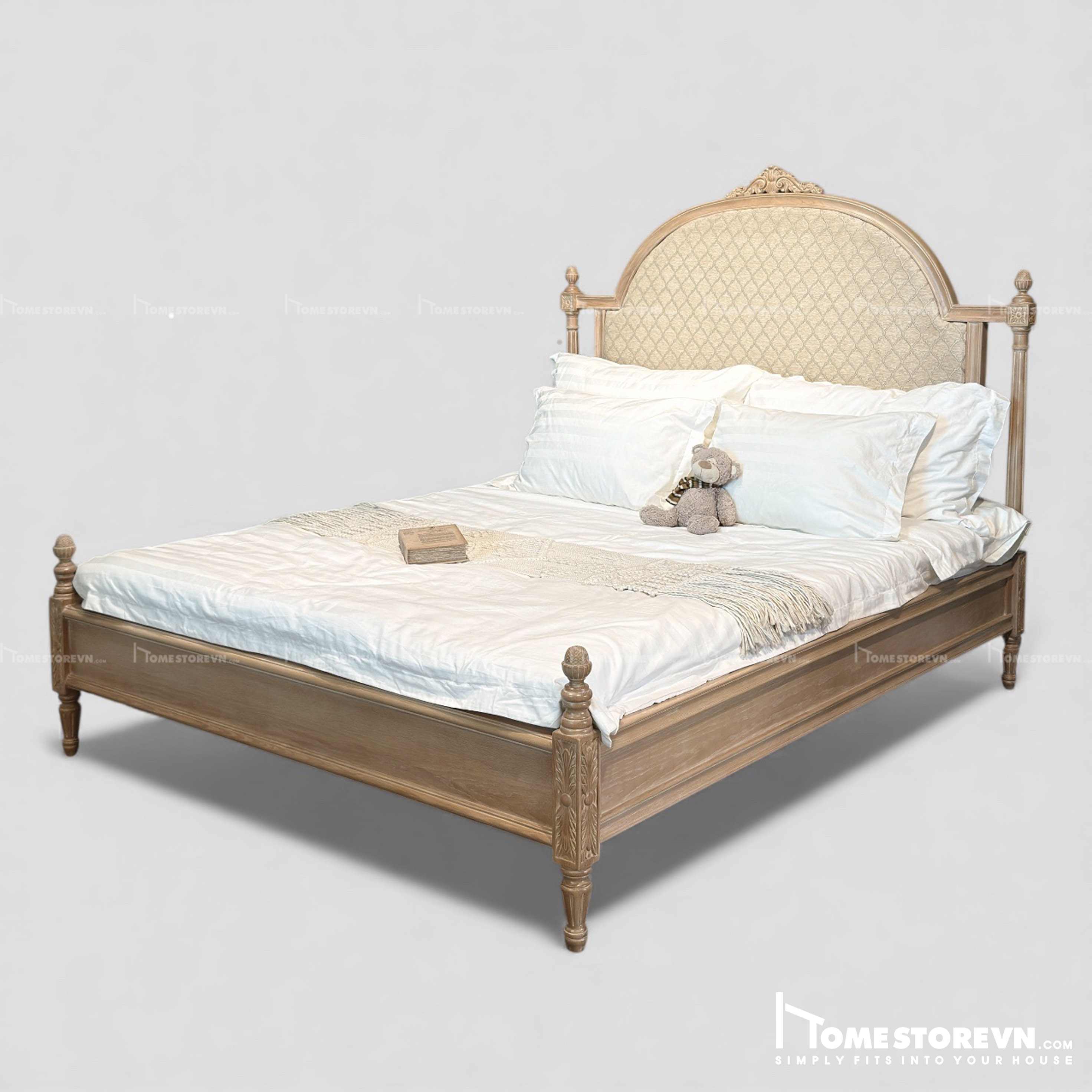 Giường gỗ Vintage lưng lượn bọc vải có nút - GI8