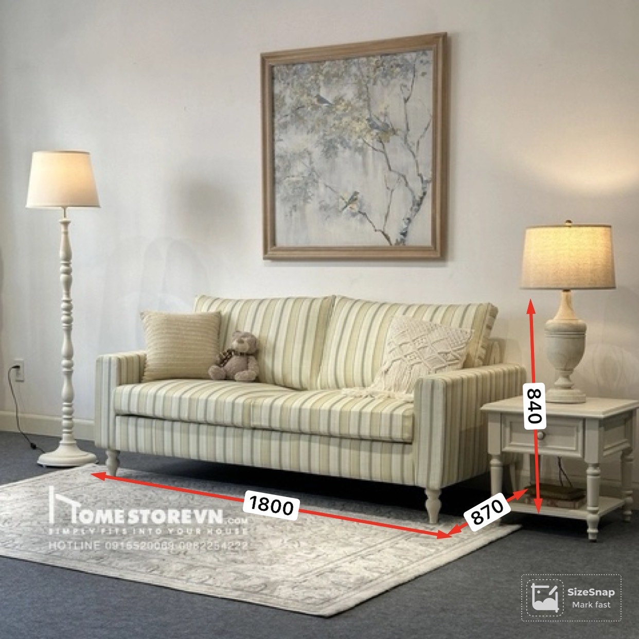 Sofa tay thẳng thấp tựa lưng rời dài 1m8