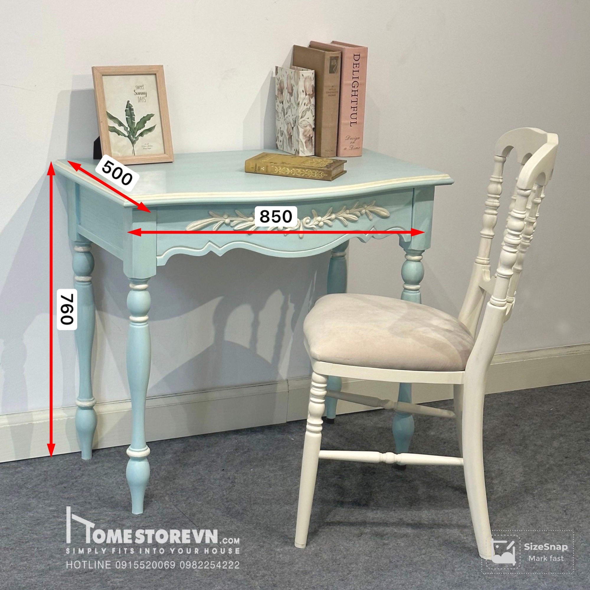 Bàn làm việc Vintage  xanh hoa nổi - BLV2XHN