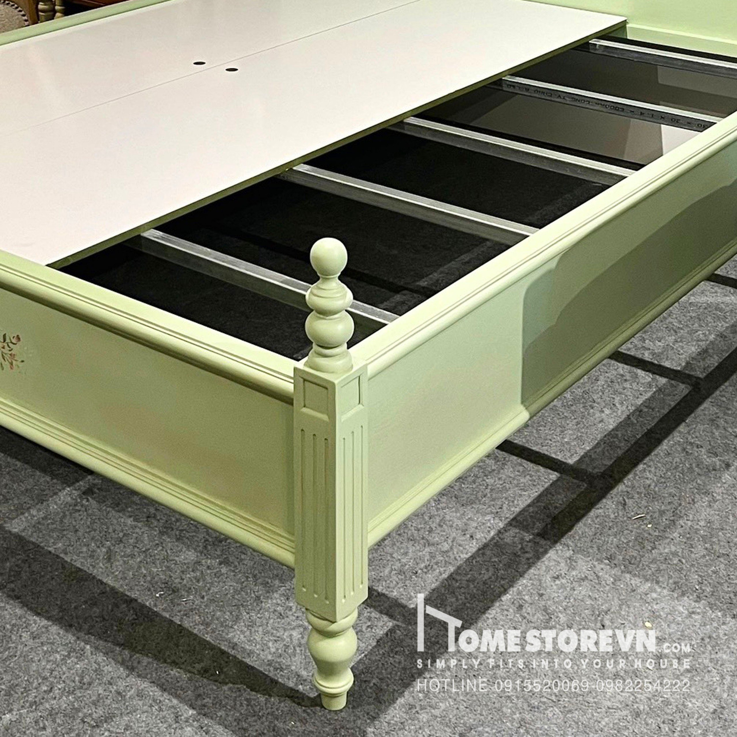Giường gỗ Vintage tấm ốp lưng lượn bọc da có nút