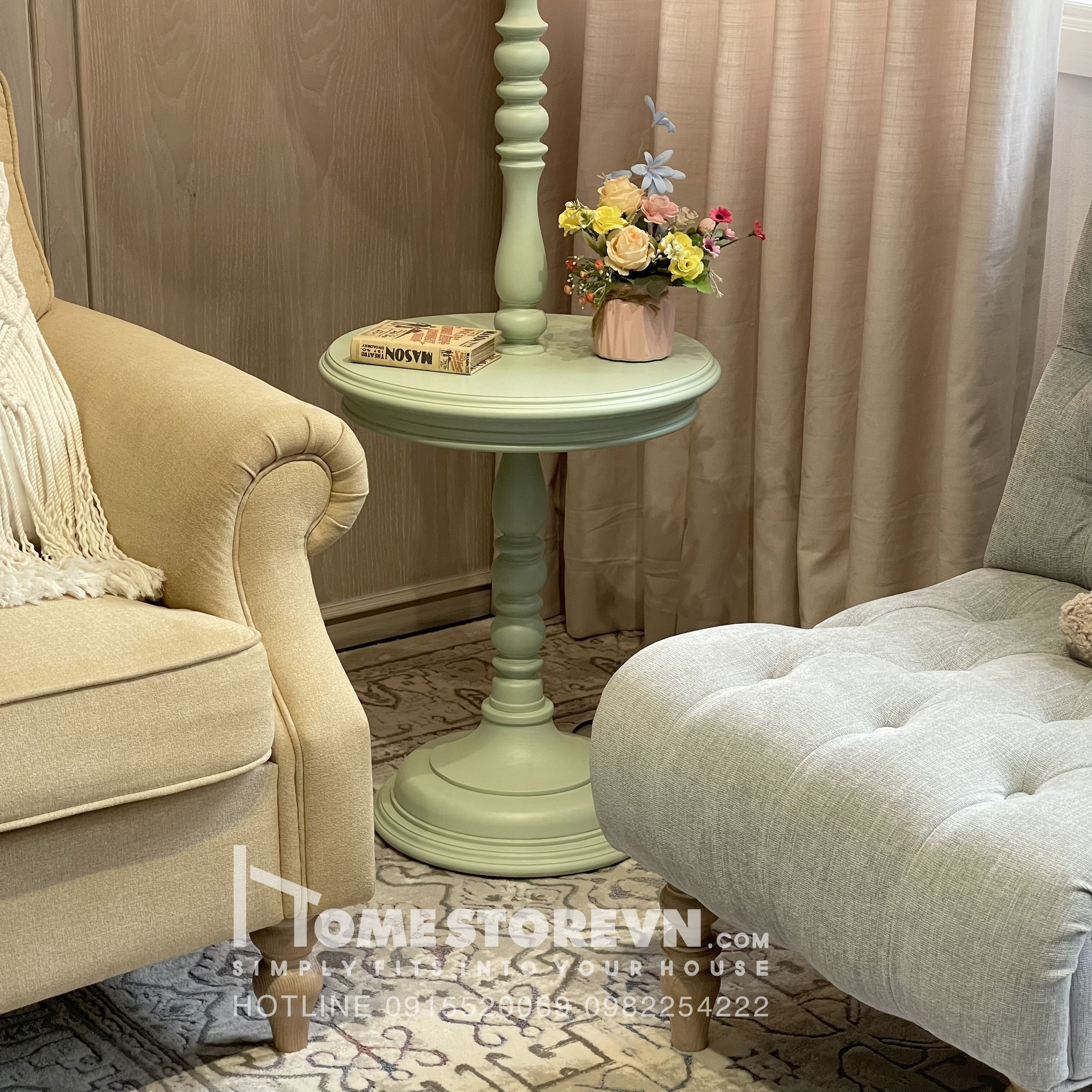 Đèn cây 08 con tiện vintage có tap để đồ đường kính 45cm, cao 1m63 chóa vải thô