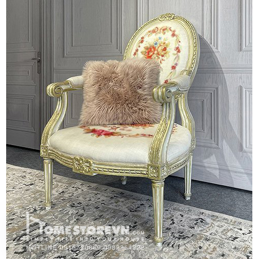 ghế đơn cổ điển Royal 01 khung gỗ tần bì tự nhiên, chạm trổ họa tiết nổi, sơn giả cổ chỉ nhũ vàng, mặt đêmh có phần họa tiết trang trí cổ điển