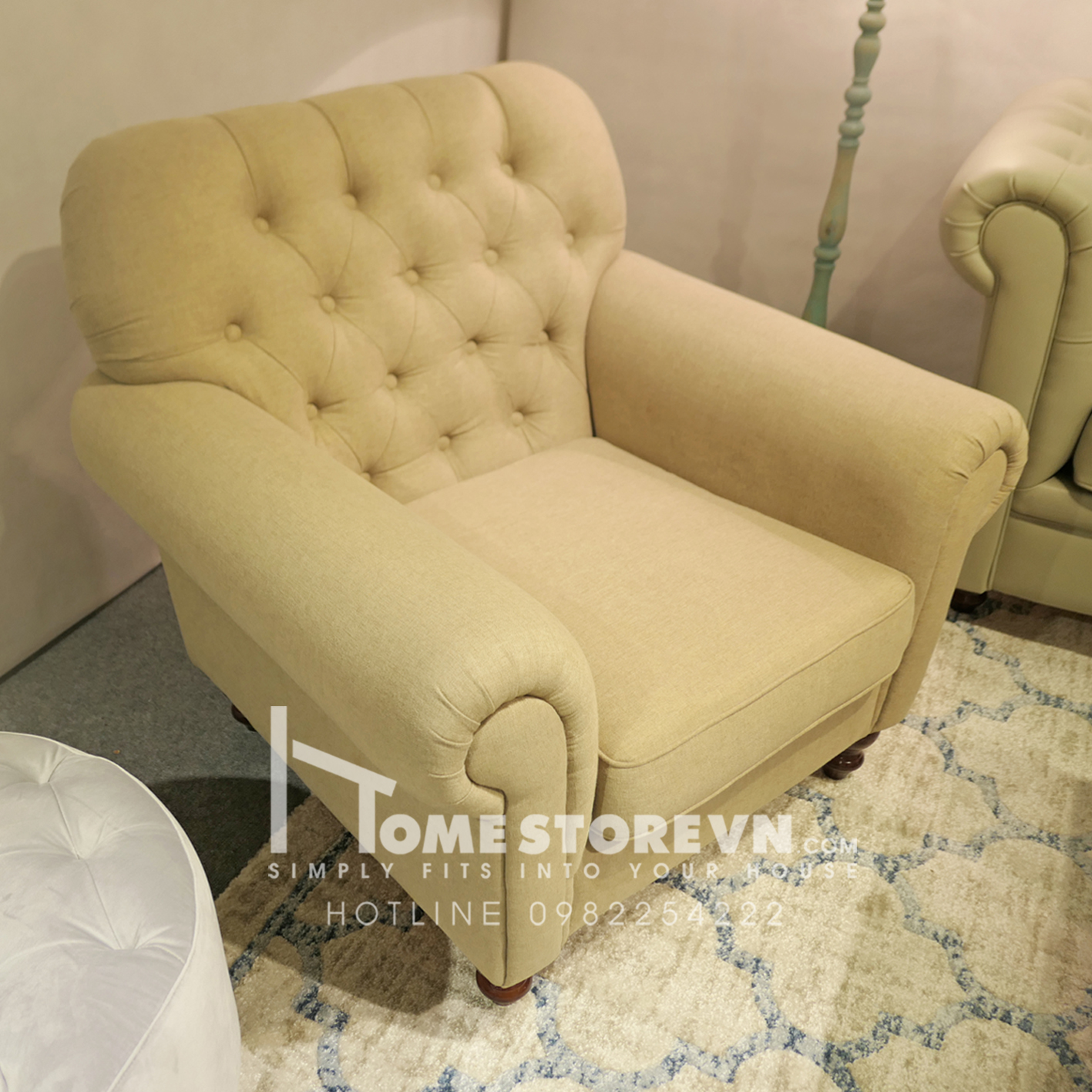 Sofa đơn tay cuộn lưng nút - vải thường