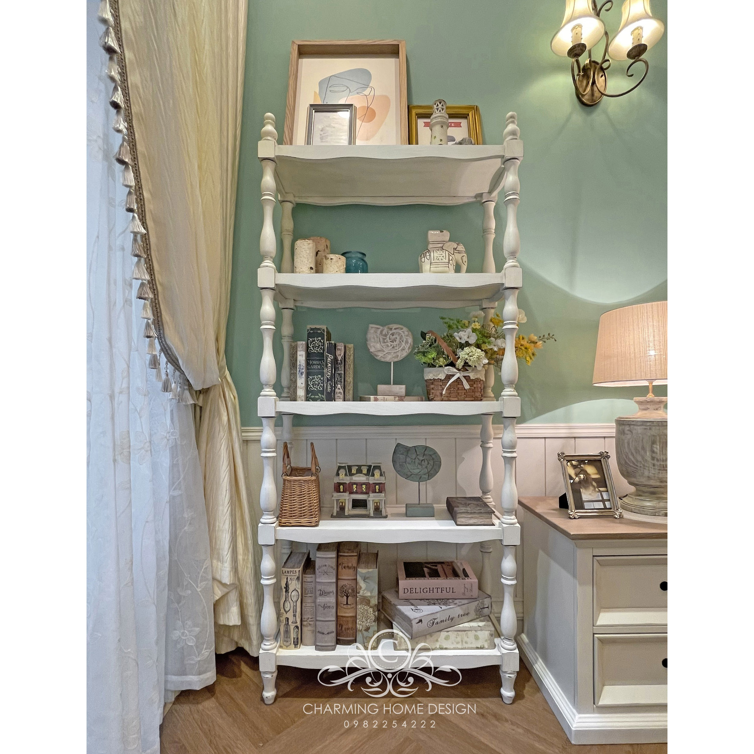 Kệ trang trí Vintage 4 rộng 83cm sâu 33cm cao 189cm tầng trắng
