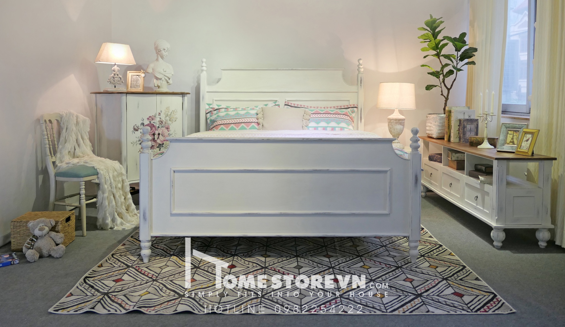 Giường Farmhouse dáng lưng ngang đệm 1m6 - GI4