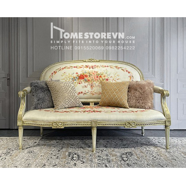Sofa cổ điển Royal 01 khung gỗ tần bì tự nhiên, chạm trổ họa tiết nổi, sơn giả cổ chỉ nhũ vàng, mặt đêmh có phần họa tiết trang trí cổ điển