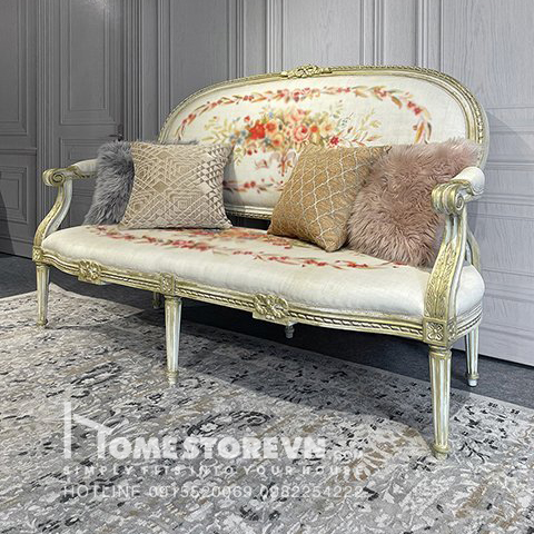 Sofa cổ điển Royal 01 khung gỗ tần bì tự nhiên, chạm trổ họa tiết nổi, sơn giả cổ chỉ nhũ vàng, mặt đêmh có phần họa tiết trang trí cổ điển