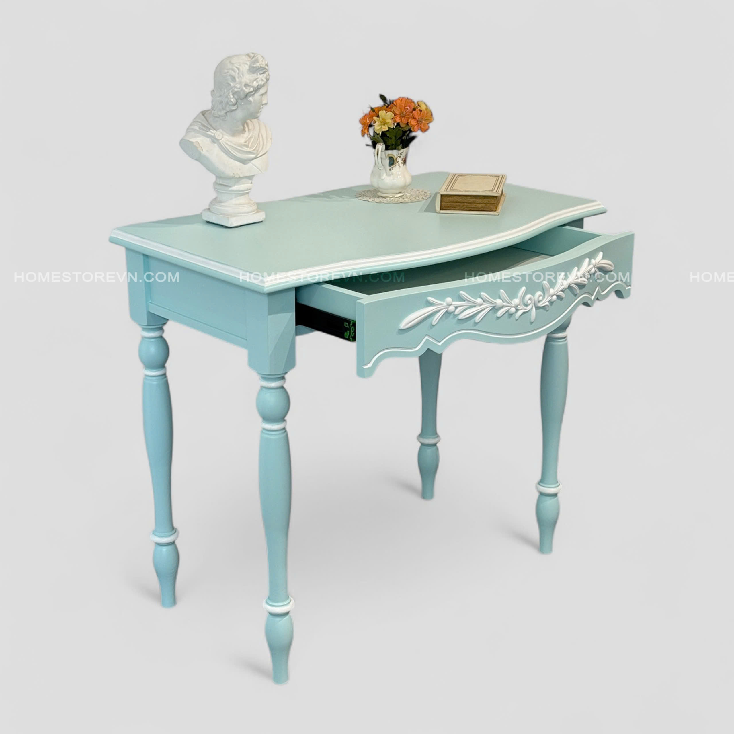 Bàn làm việc Vintage  xanh hoa nổi - BLV2XHN