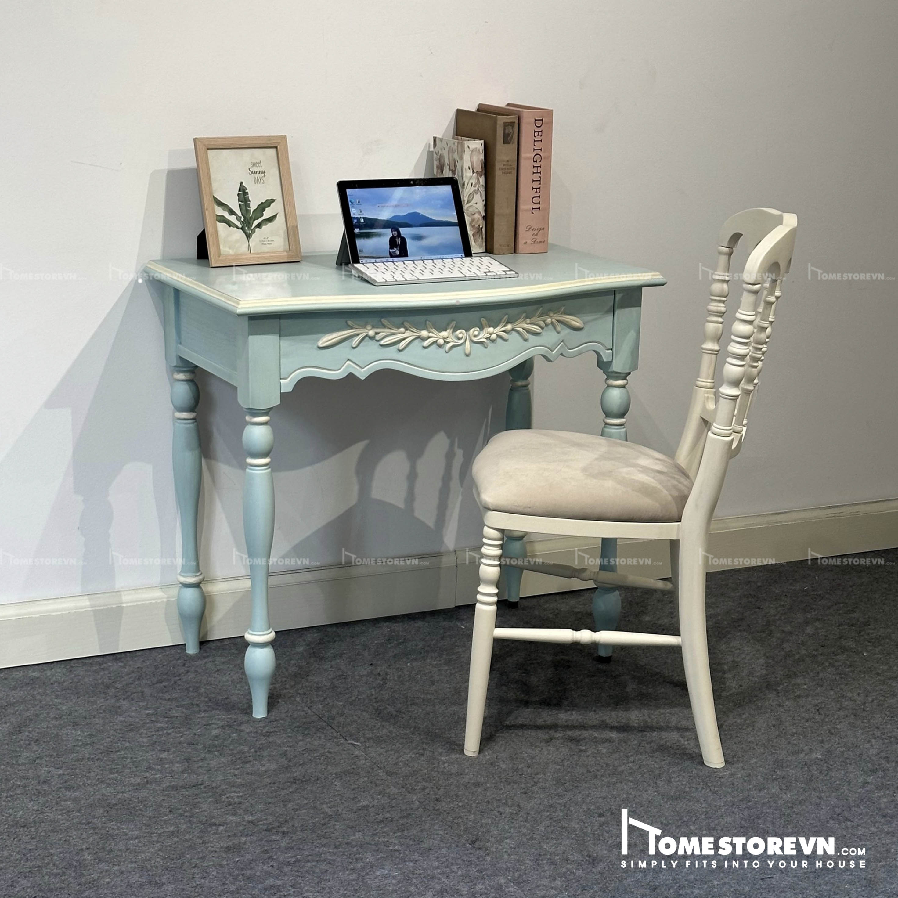 Bàn làm việc Vintage  xanh hoa nổi - BLV2XHN
