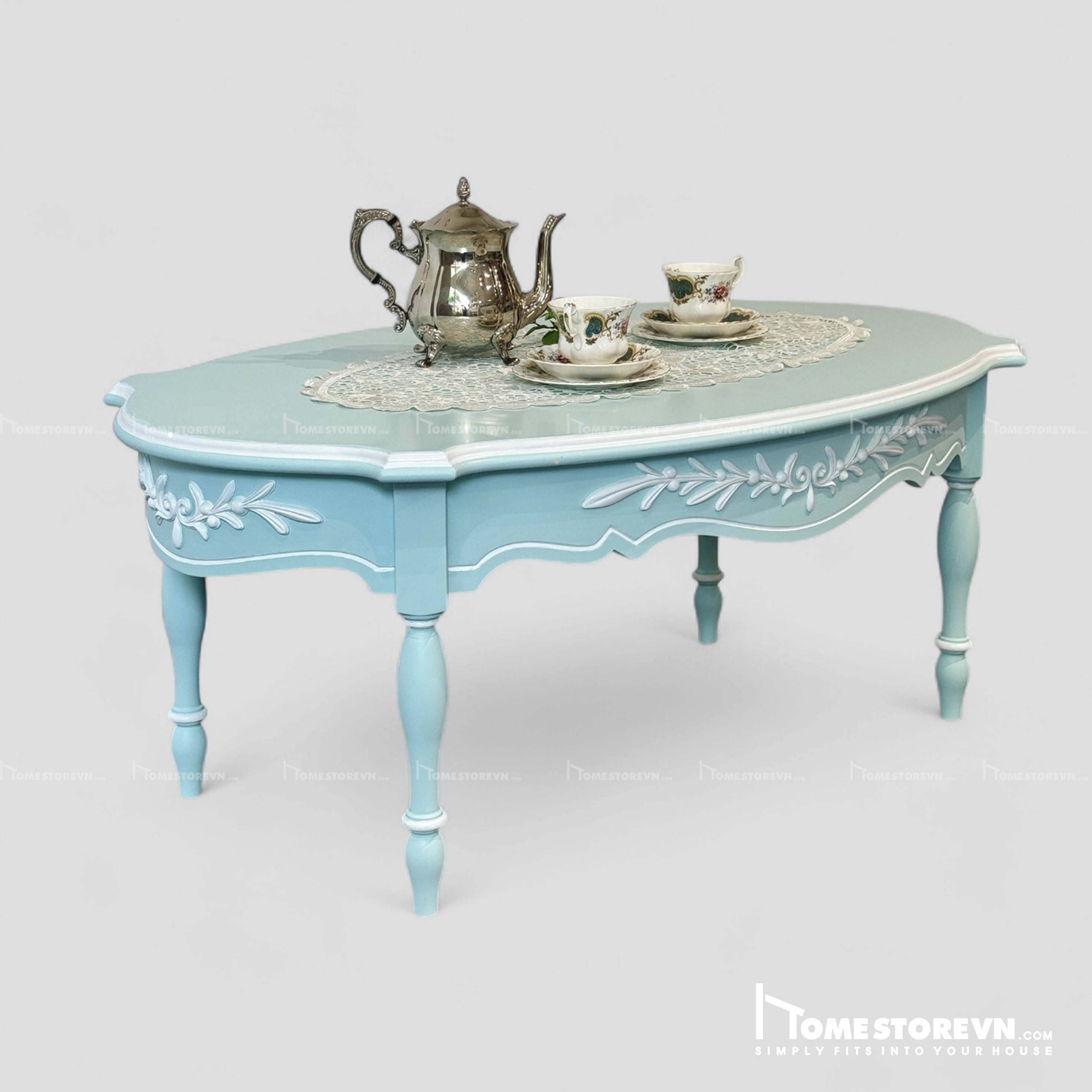 Bàn trà Vintage 03 - xanh da trời hoa nổi BTR3