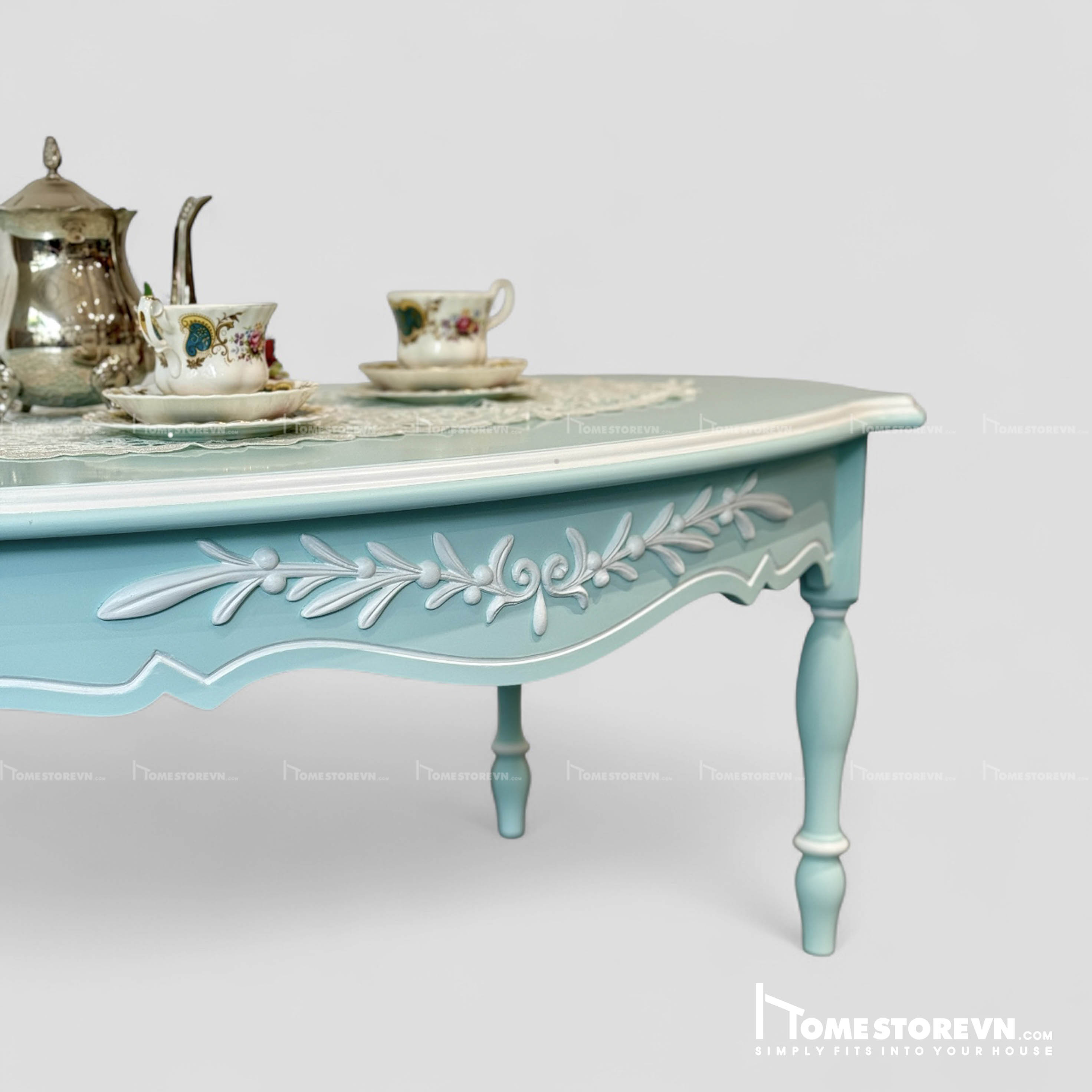 Bàn trà Vintage 03 - xanh da trời hoa nổi BTR3