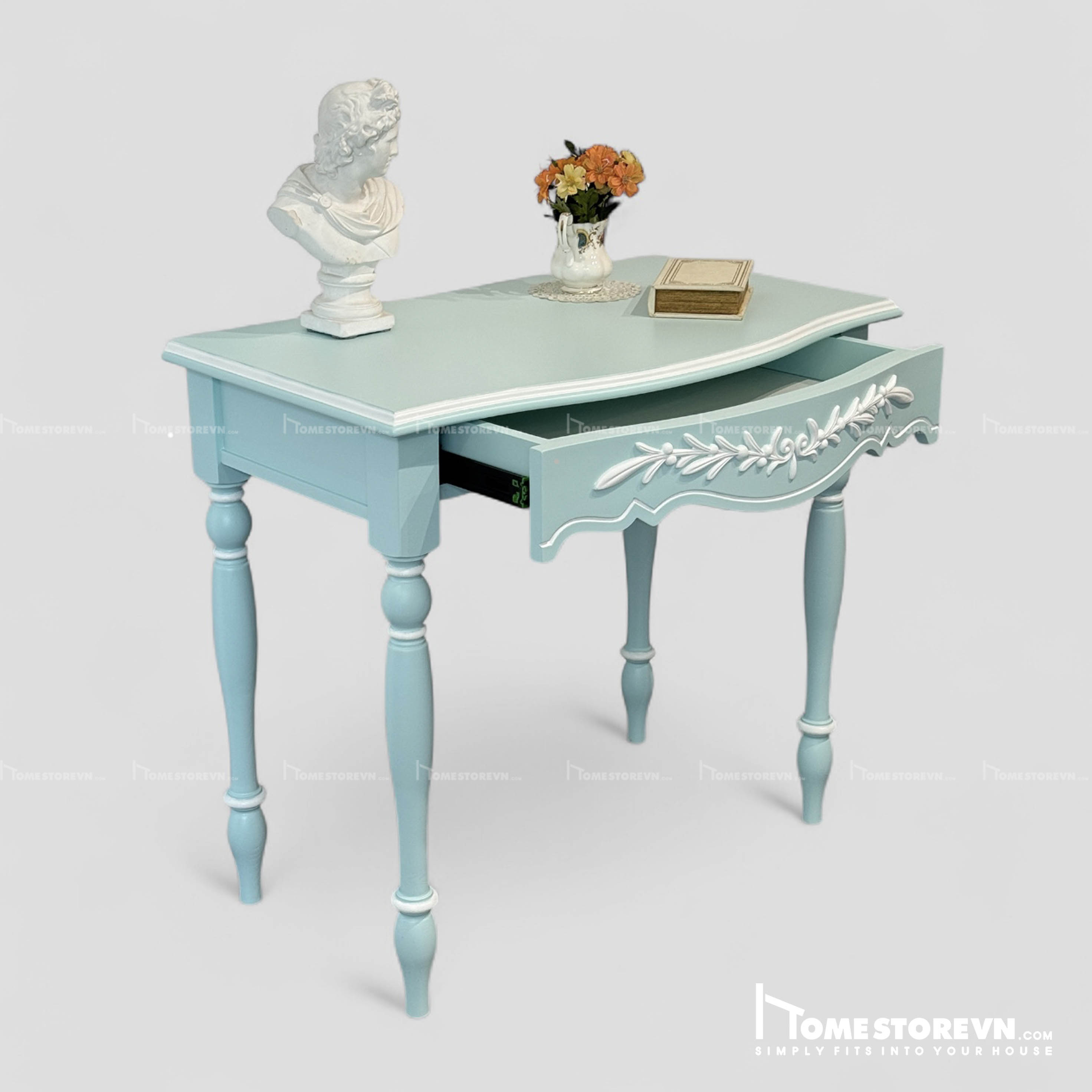Bàn làm việc Vintage  xanh hoa nổi - BLV2XHN