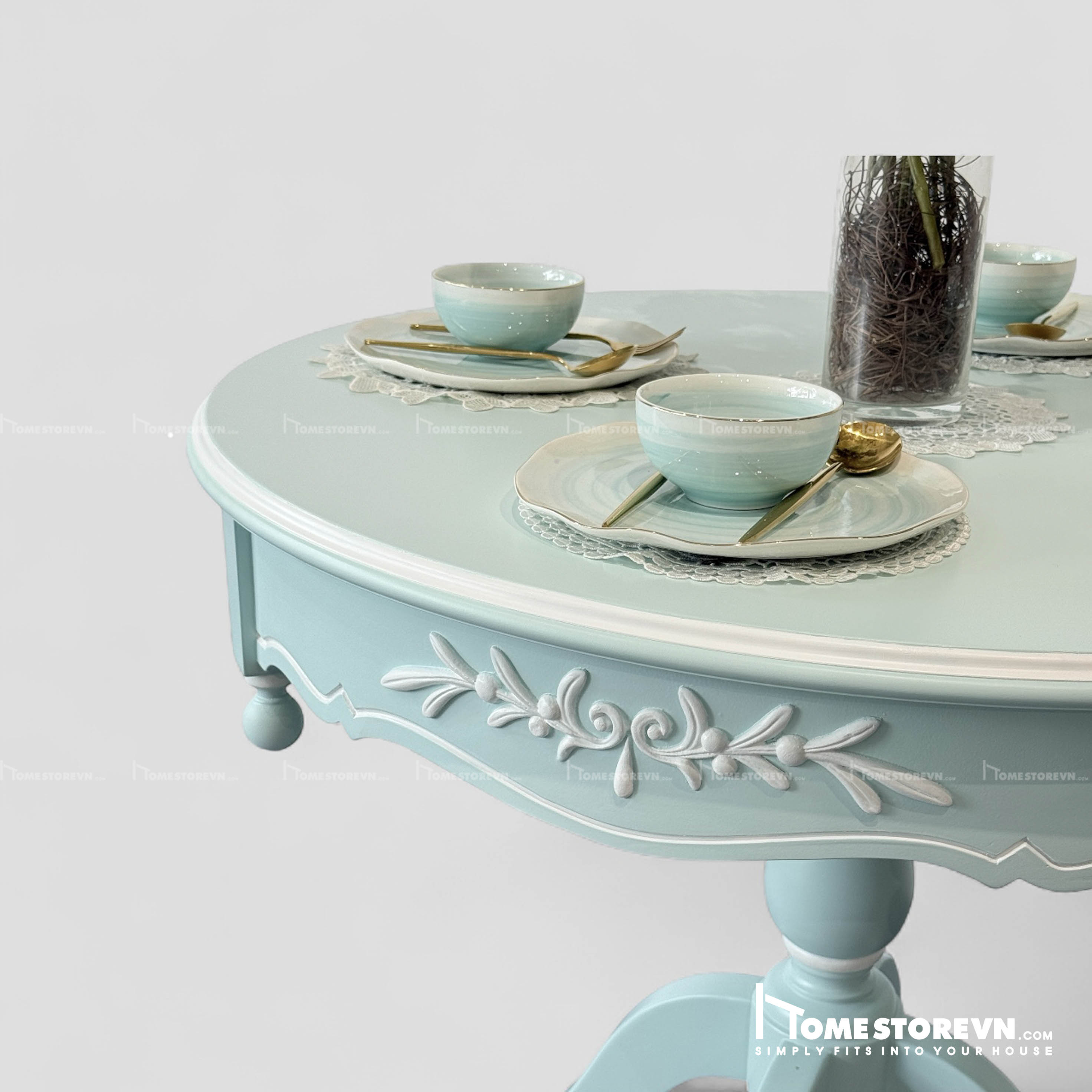Bàn ăn tròn D94cm Vintage xanh có hoa văn nổi - BA3