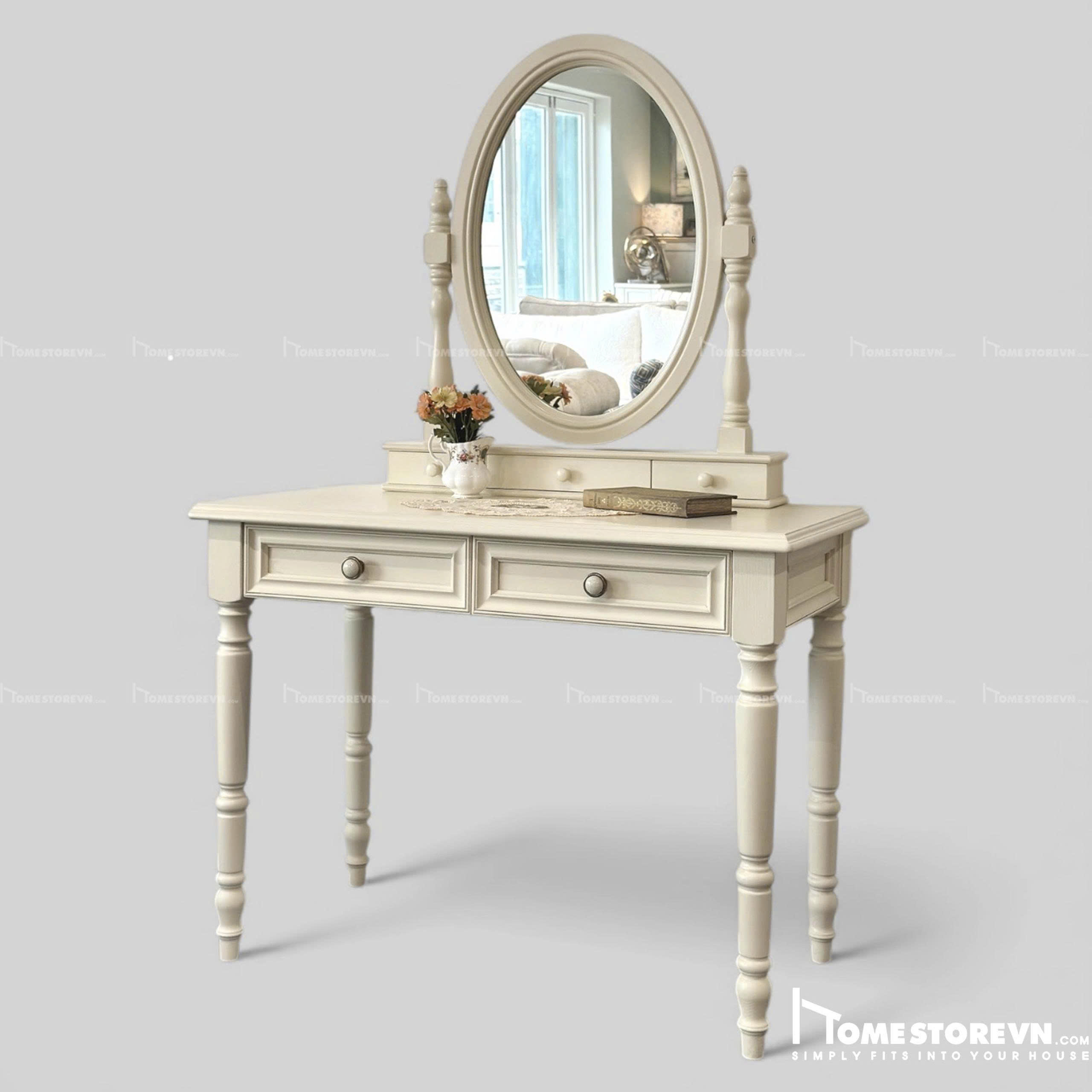 Bàn trang điểm có gương vintage  kem con tiện - BTR17