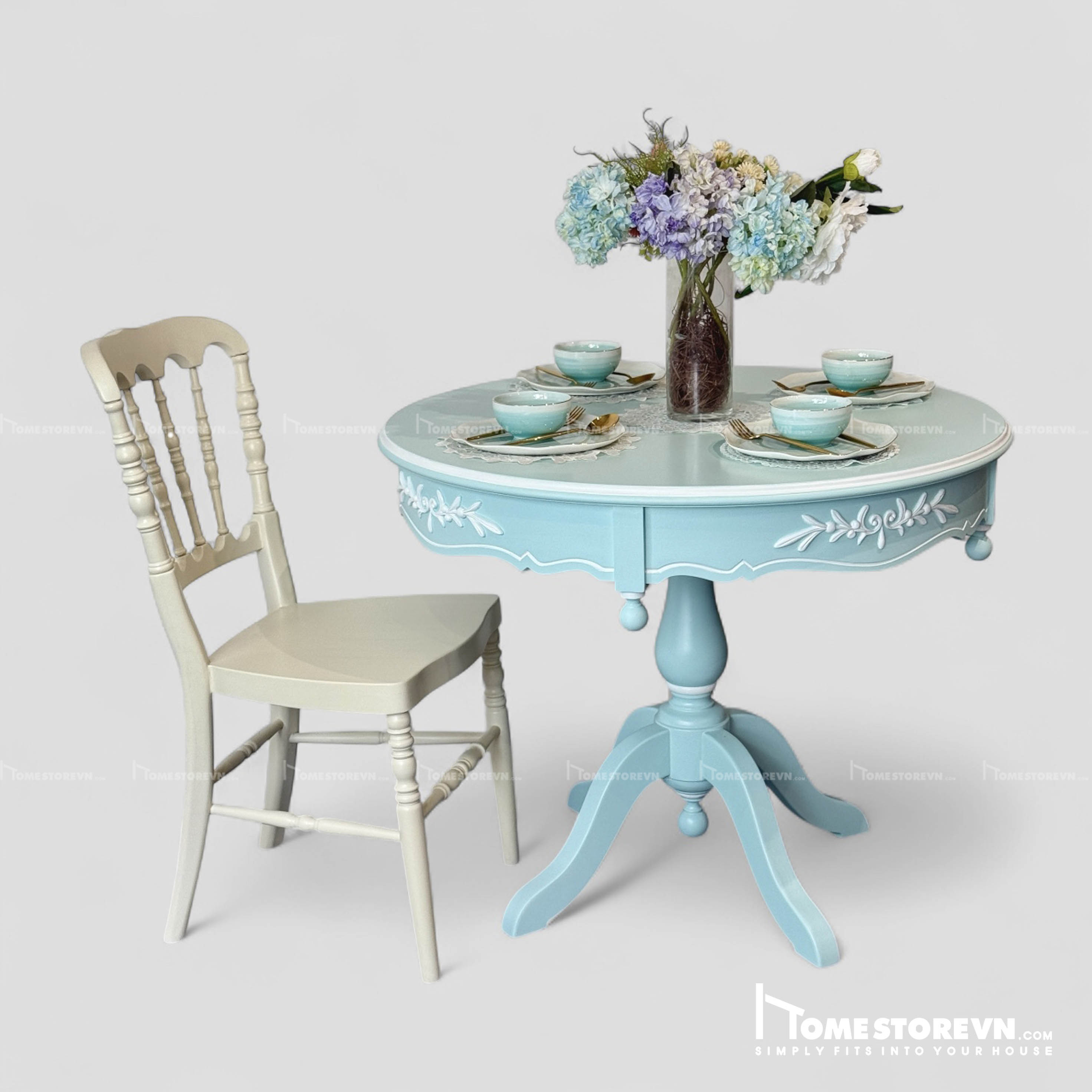 Bàn ăn tròn D94cm Vintage xanh có hoa văn nổi - BA3